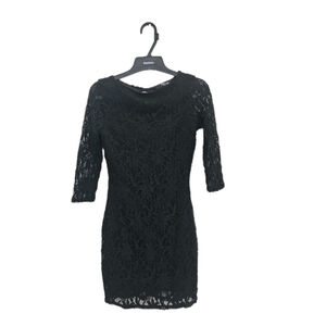 Jane Norman's black lace mini dress with 3/4 length sleeves, Small Crew Neck